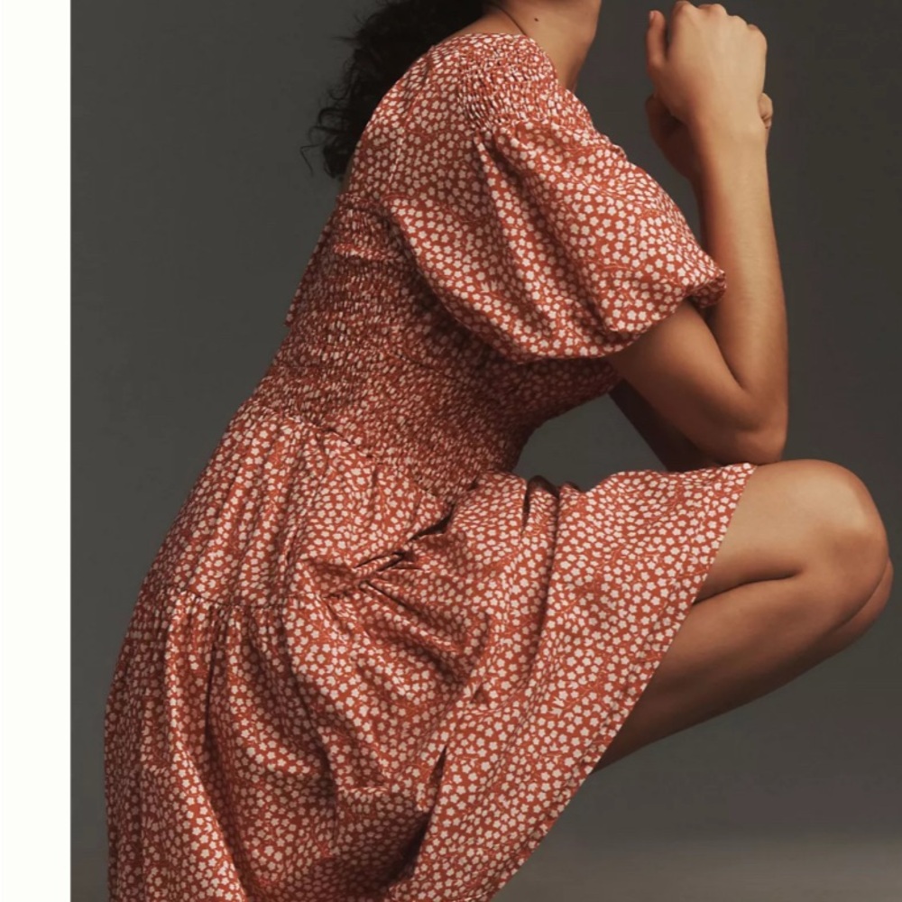 Anthropologie Puff-Sleeve Smocked Poplin Midi Dress
